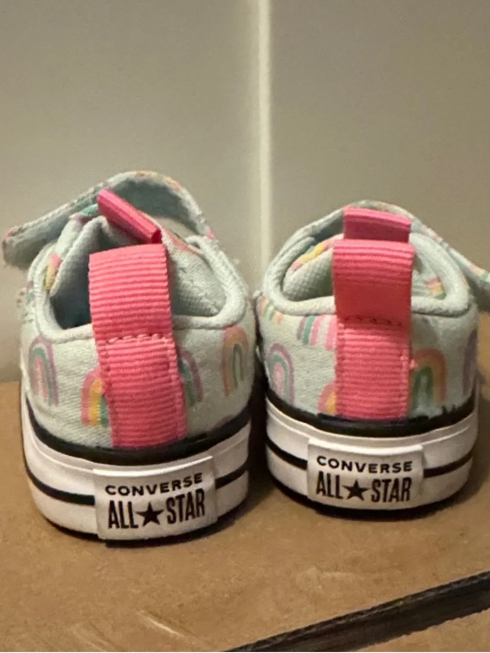 Converse Kids Mint Canvas Sneakers with Pink Accents and Rainbow Motifs